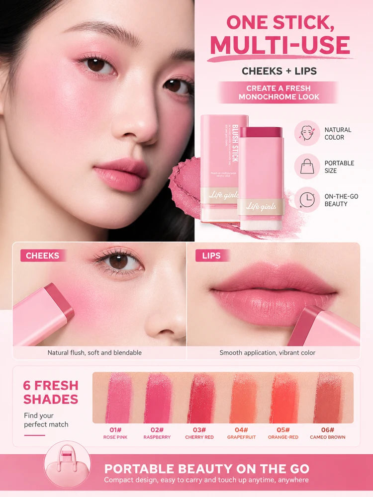 3-in-1 Cream Blush Stick Cheeks Lips Eyes, Long Lasting Waterproof Blendable Dewy Glow Makeup Stick for All Skin Tones Pi-Mart