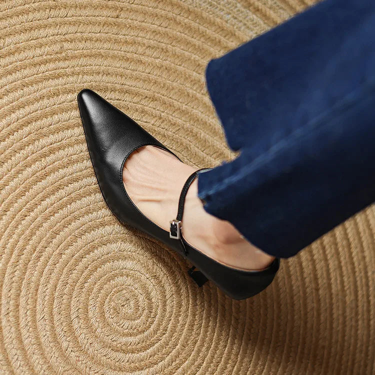 NEW Spring/Autumn Women Pumps Genuine Leather Shoes for Women Pointed Toe Thin Heel Shoes Shallow Buckle Strap Mary Janes Shoes Pi-Mart