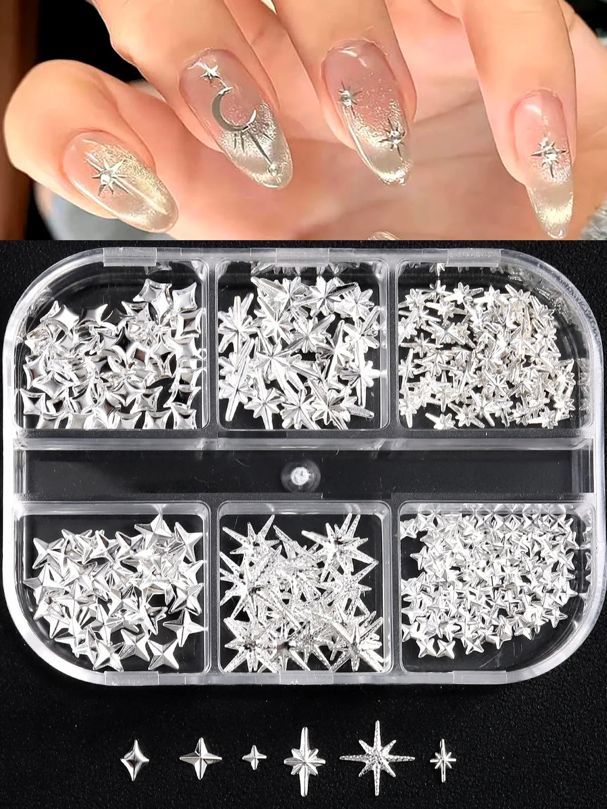 6/12Grids Gold Star Moon Metallic Rivet 3D Nail Charms Alloy Sun Moon Starlight Rhinestones Nail Studs For Nail Art Decoration Pi-Mart