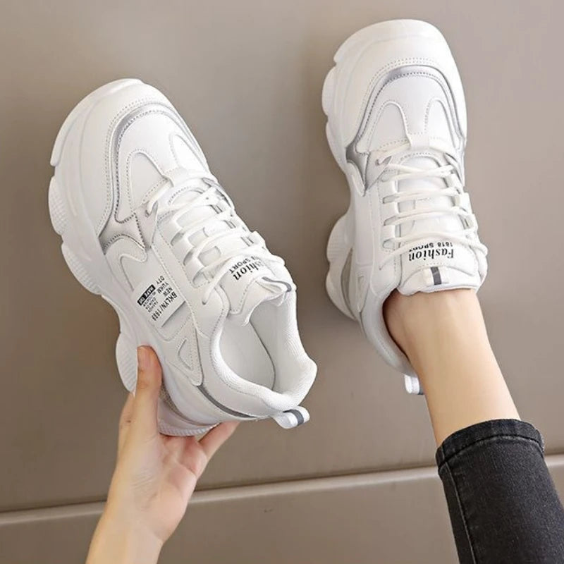Women's Thick Soled Lightweight Sports Shoes Spring and Autumn New White Casual Women's Thick Soled Height Increasing Shoes Pi-Mart