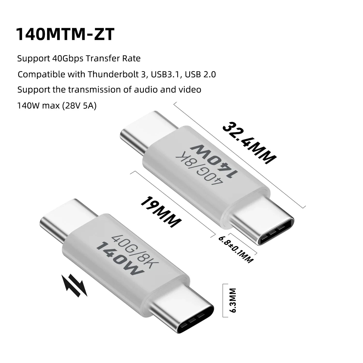 PD140W USB4.0 Type C to USB C Fast Charging Adapter Converter 40Gbps Data Sync Connector 8K@60Hz USB C OTG Adapter for MacBook Pi-Mart