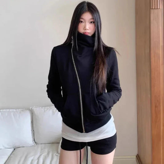 American Vintage Hooded Long Sleeve Jacket Women Autumn Winter Casual Slim Cardigan Top Harajuku Solid Y2k Zipper Clothes 2025 LadyShow.Store