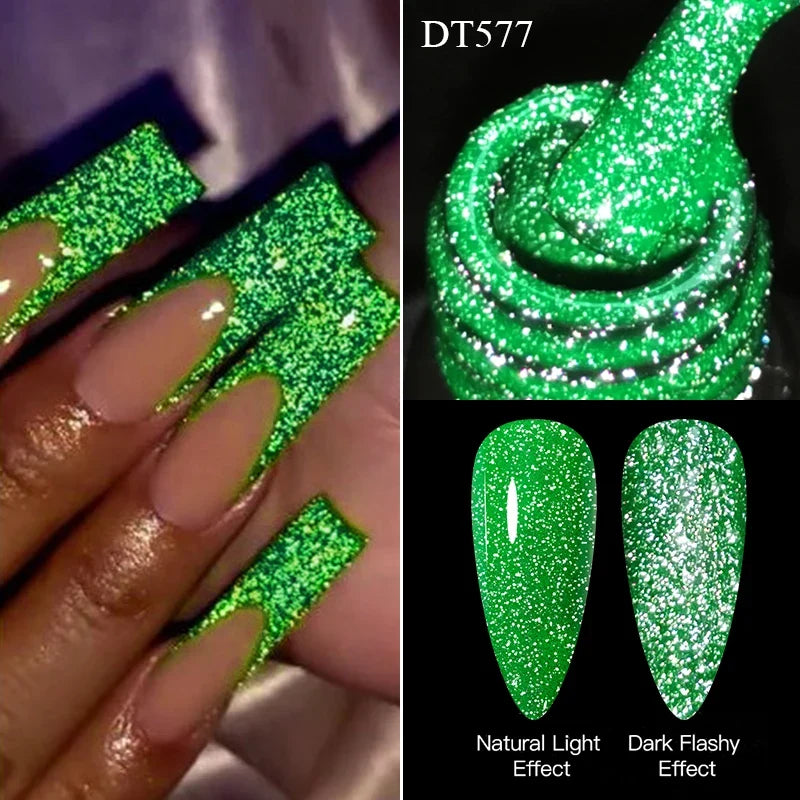MEET ACROSS 7ml Pink Fluorescent Reflective Gel Nail Polish Glitter Neon Semi Permanent UV LED Gel Nail Art Varnish Manicure Tri Light Beauty