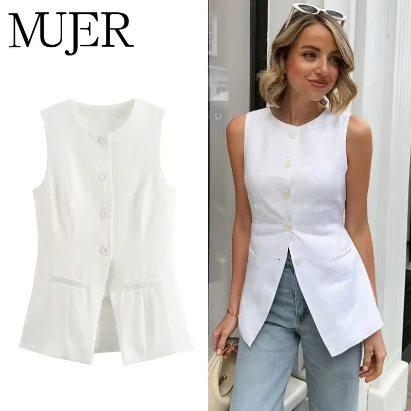 MUJER 2025 White Sleeveless Vest Women Button Summer Vests for Women Jacket Pink Vest Top Women Streetwear Women's Tailored Vest LadyShow.Store