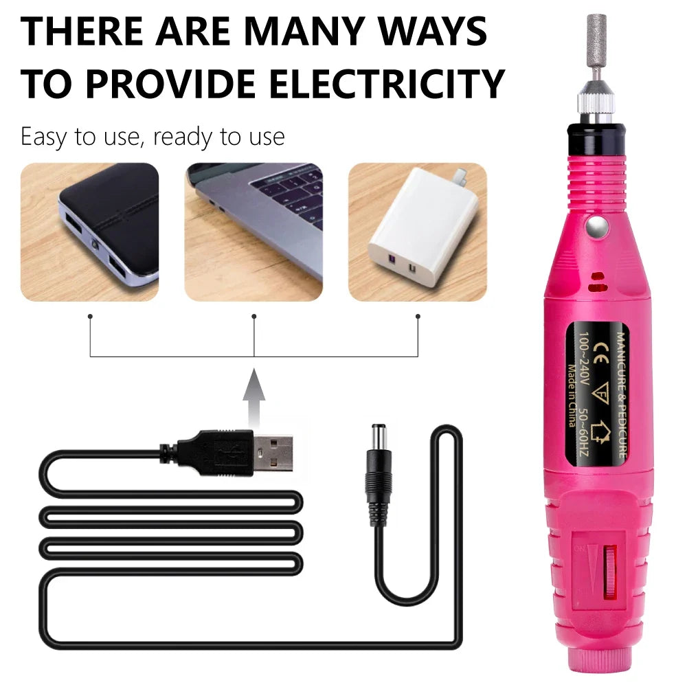 LINMANDA Manicure Set USB Electric Nail Drill Polish File Kit With LED Lamp Handheld Pen Sander Polishing Block Manicure Tools Tri Light Beauty