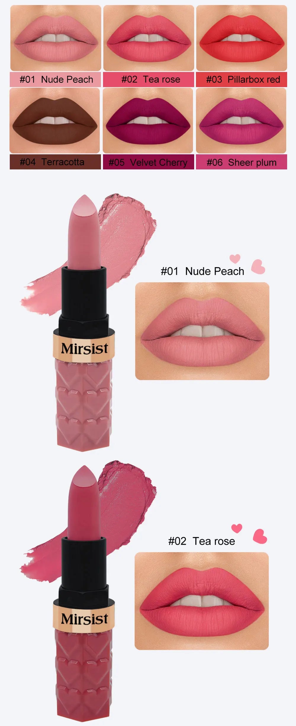 Matte Lipstick Nude Peach Brown Cherry Shades Velvety Smooth Long-Lasting Rich Pigment Waterproof Non-Stick Cup Lip Stick Makeup Pi-Mart
