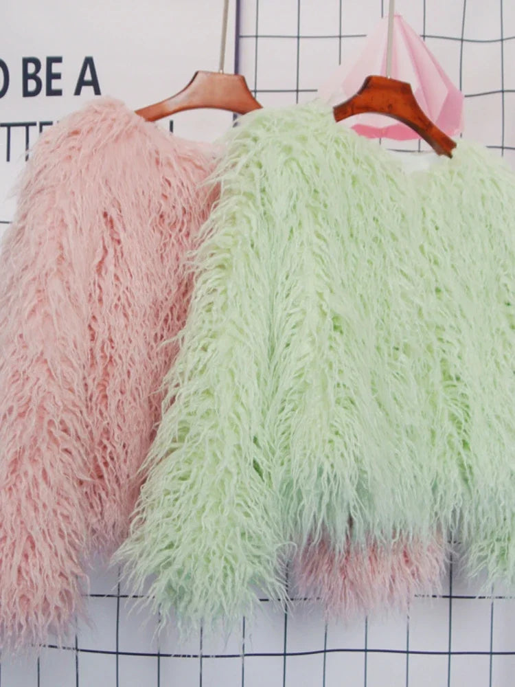 Colorful Warm Faux Women Fur Coat  Black White Pink Plush Coat Female Jacket Fur Autumn Winter Shaggy Outerwear High Street 2025 LadyShow.Store