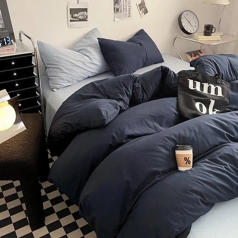 Washed Cotton Bed Linen Bedding Set 4 Pieces Bed Sheets Set Solid Color Comforter Cover Couple Queen King Size Bed Quilt Cover LadyShow.Store