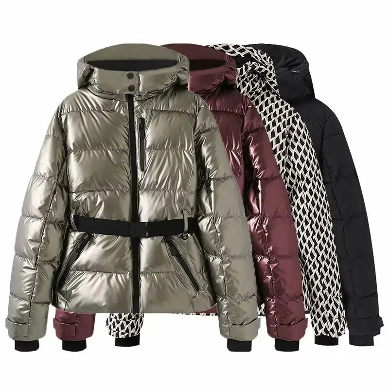 Women's Winter Hooded High Waist Padded Sport Parkas Coats with Belt Female Elegant Thick Warm Pockets Windproof Skiing Jackets LadyShow.Store