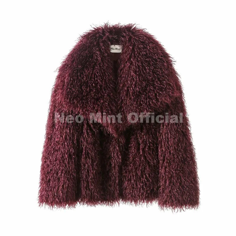 Neo Mint 2025 Winter Lulicore Fashion Brown Faux Fur Coat Women Chic Autumn Warm Fluffy Sheep Fur Jacket Big Fur Collar Overcoat LadyShow.Store