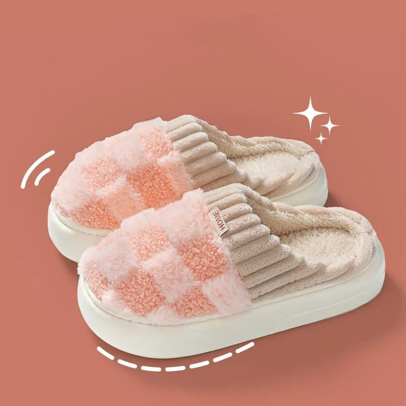 Fashion Couple Winter Slides Warm Plaid Fluffy Slippers Soft Sole Flip Flops For Women And Men Home Indoor Non-slip Cotton Shoes Pi-Mart