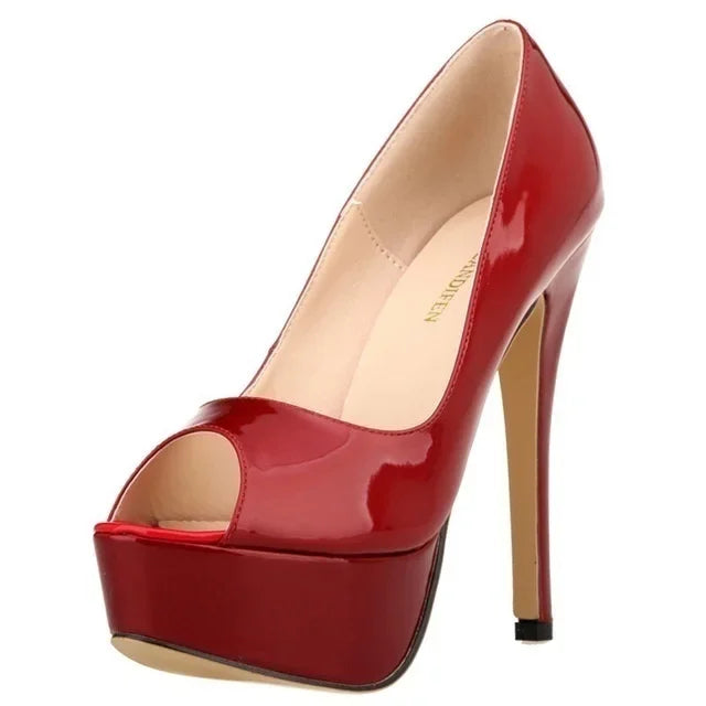 Women Pumps Sexy Platform Peep Toe 14cm Extremely Thin High Heels Stiletto Patent Leather Fashion Party Nighclub Wedding Shoes Pi-Mart