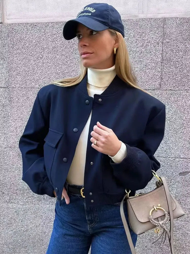 Women Fashion With Pockets Bomber Jacket Coats Vintage Long Sleeve Front Button Casual Female Outerwear Chic Tops LadyShow.Store
