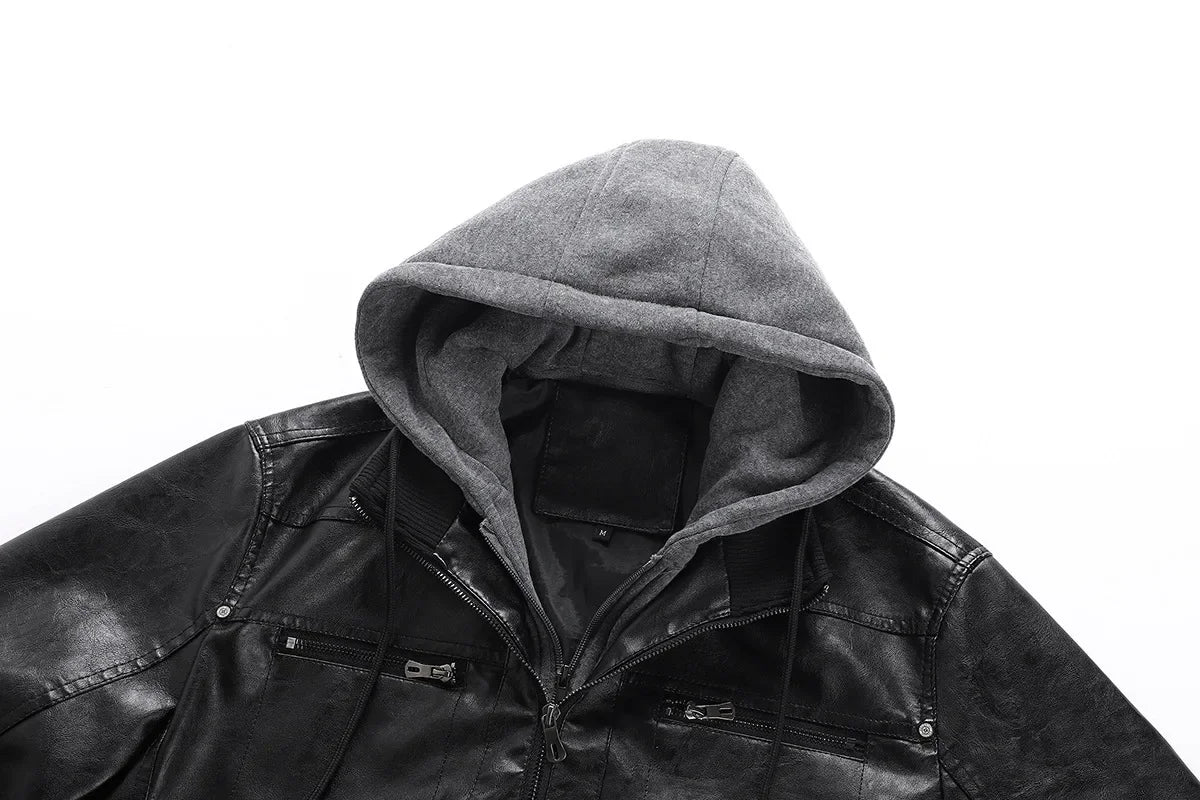 US Size Luxury Quality PU Jacket Men New Winter Faux Two-Piece Hooded Leather Jacket Casual Coat Pi-Mart