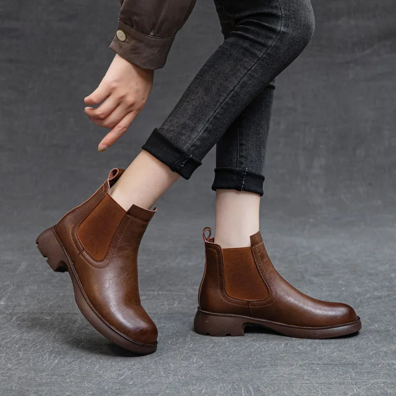 DRKANOL Fashion Women Thick Heel Ankle Boots Autumn Winter Warm Shoes Round Toe Real Cowhide British Style Slip On Chimney Boots Pi-Mart