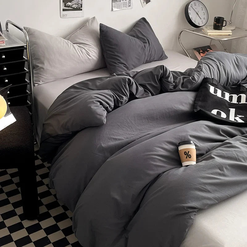Washed Cotton Bed Linen Bedding Set 4 Pieces Bed Sheets Set Solid Color Comforter Cover Couple Queen King Size Bed Quilt Cover LadyShow.Store