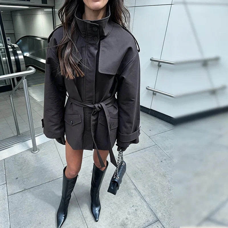Solid Women's Trench Jacket Commute Stand Collar Long Sleeve Windbreaker With Lace Up Pocket 2026 New Autumn Street Lady Jackets LadyShow.Store