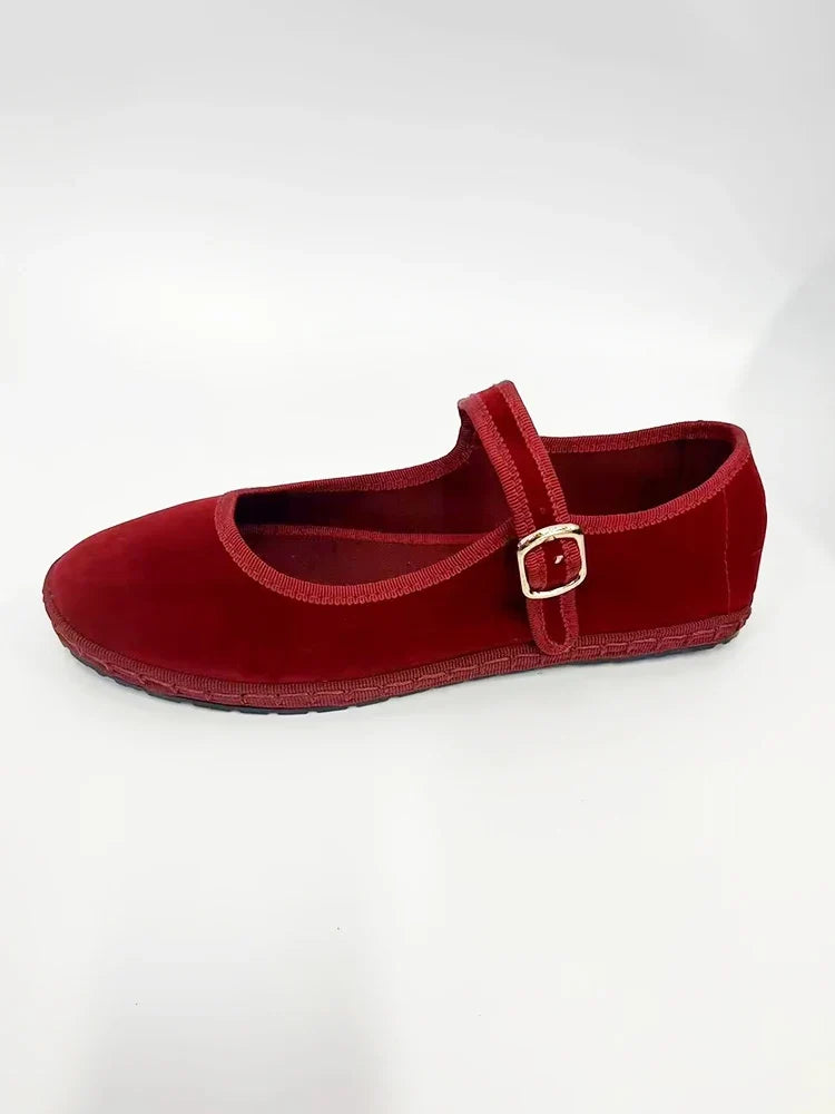 Velvet Mary Jane Shoes for Women Hand Stitch Casual Streetwear Ballet Flats Pumps Female Solid Color Red Cloth Shoes Loafers LadyShow.Store
