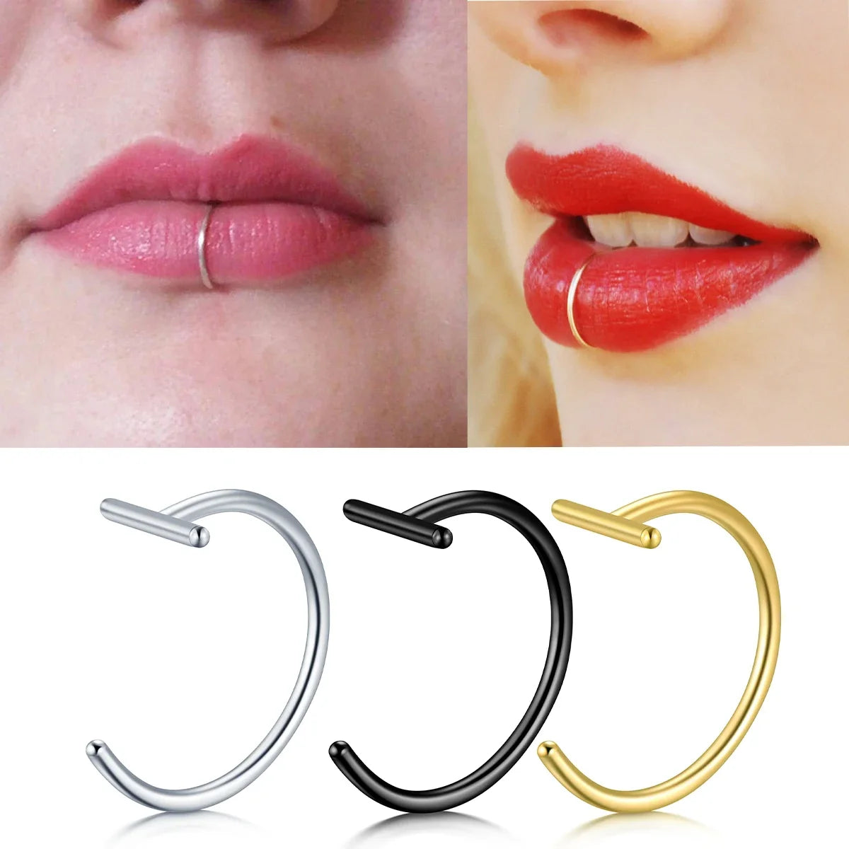 1PCS Fake Piercing Lip Rings Nose Nostril Ring Septum Clip On Mouth Ring Fake Piercing Body Clip Hoop Pi-Mart