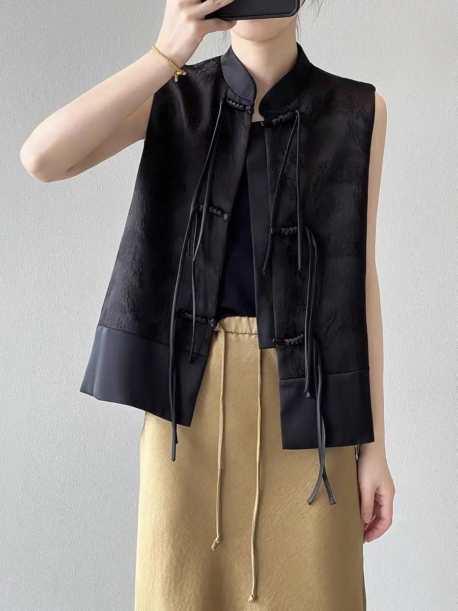 2026 spring new chinese new style plate buckle waistcoat jacket jacquard stand collar sleeveless retro women cheongsam waistcoat Pi-Mart