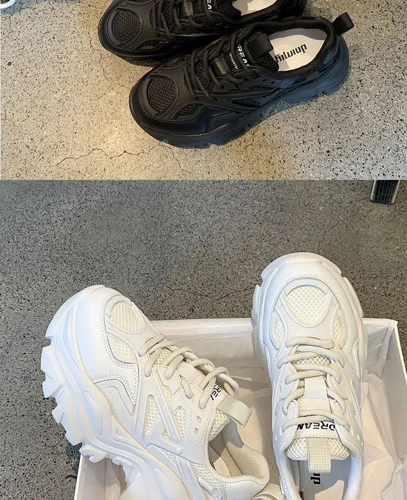 Women New Fashion Platform Sport Shoes Women 2024 New Summer Black Casual Chunky Sneakers Women Mesh Leather Platform Shoes Pi-Mart
