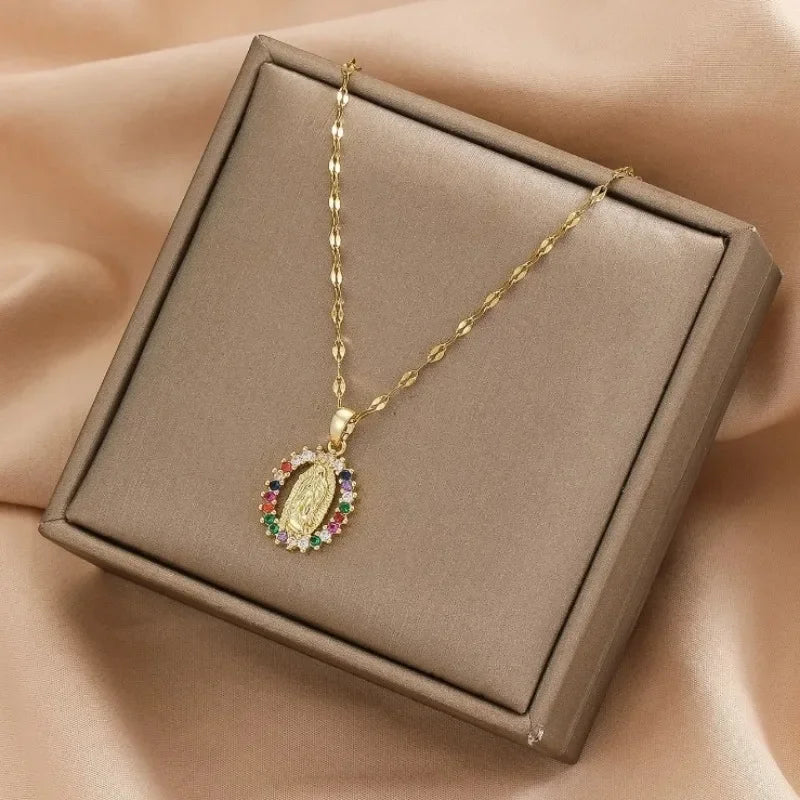 European and American Fashion and Gorgeous Women's All Sky Star Micro Inlaid Colorful Zircon Virgin Mary Hollow Necklace Pi-Mart