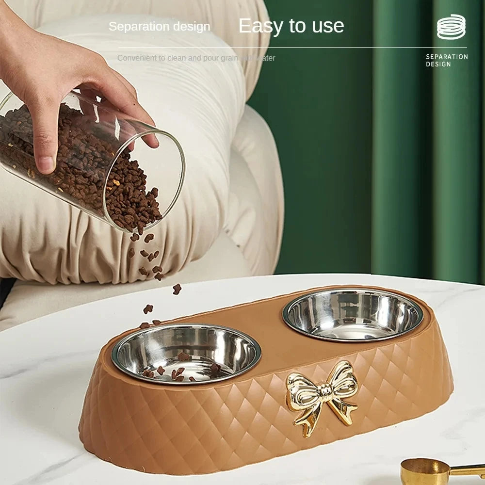 Pet Supplies Bow-tie Bowknot Cats Food Bowl PP Base Dog Bowl Stainless Steel Double Pet Accessories Feeding Drinking Double Bowl Pi-Mart