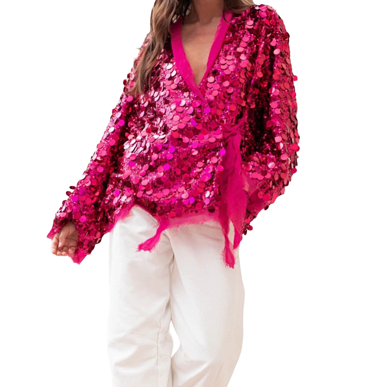 Shiny Sequin Cardigan for Women Trendy V Neck Front Wrap Tie Long Sleeve Coat Ladies Fashionable Sparkling Pullover Tops Punk LadyShow.Store