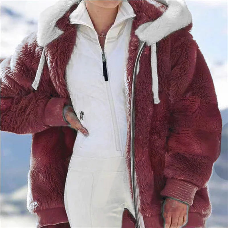 Women Winter Warm Faux Fur Jacket Plush Coat New Casual Hooded Fashion Zipper Soft Fleece Cashmere Jackets Female Thick Clothing LadyShow.Store