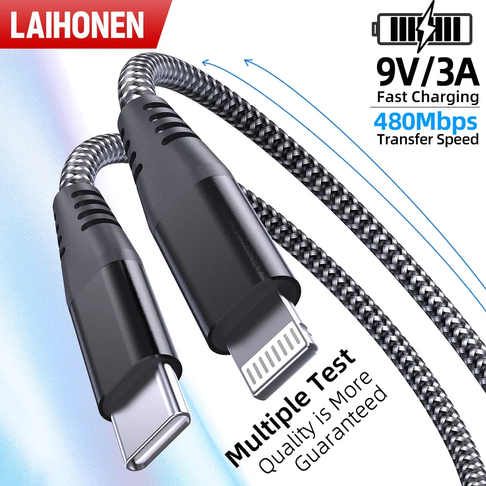 LAIHONEN 1 Pack MFi Certified USB C to Lightning Nylon Braided Fast Charging Cable 1M 2M 3M for iPhone 13 12 11 Pro Max Pi-Mart