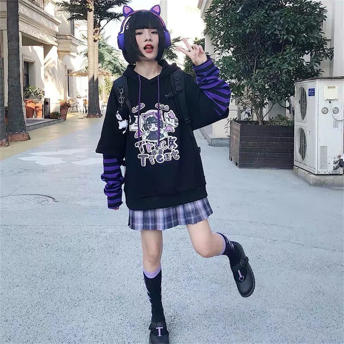 Cute Harajuku Patchwork Hoodie Streetwear Hip Hop Women Sweatshirts Casual Autumn High Street Tops Funny Harajuku Striped Hoodie LadyShow.Store