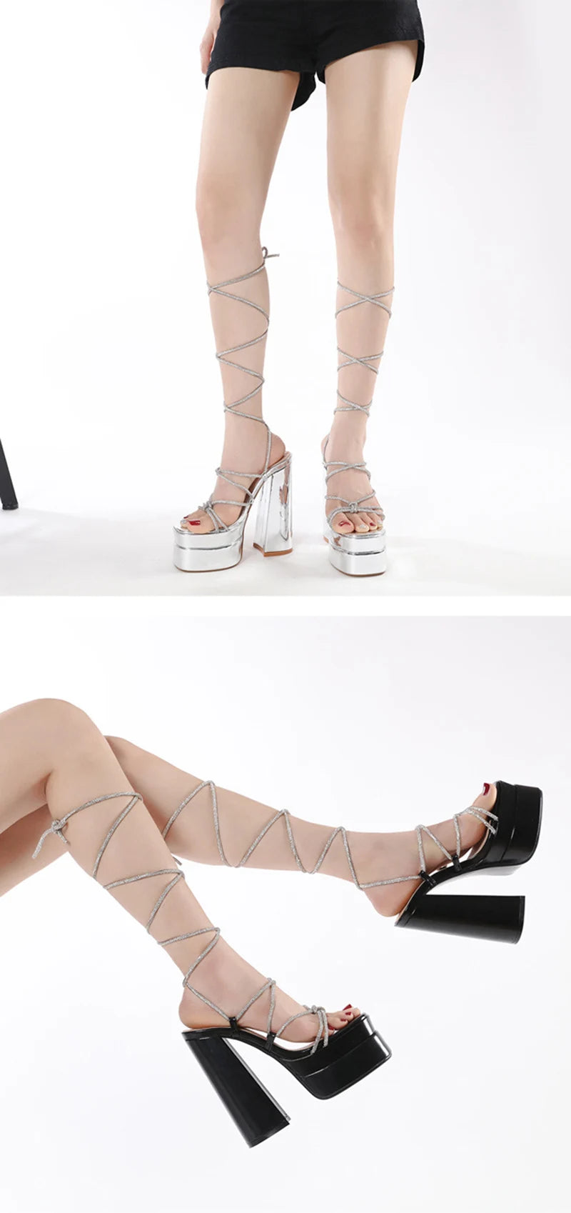 MM2025 New Arrival Rhinestone Embellished Knot T-Strap Heels Roman Peep-toe Summer Sandals Shiny Perfomance Anniversary Footwear Pi-Mart