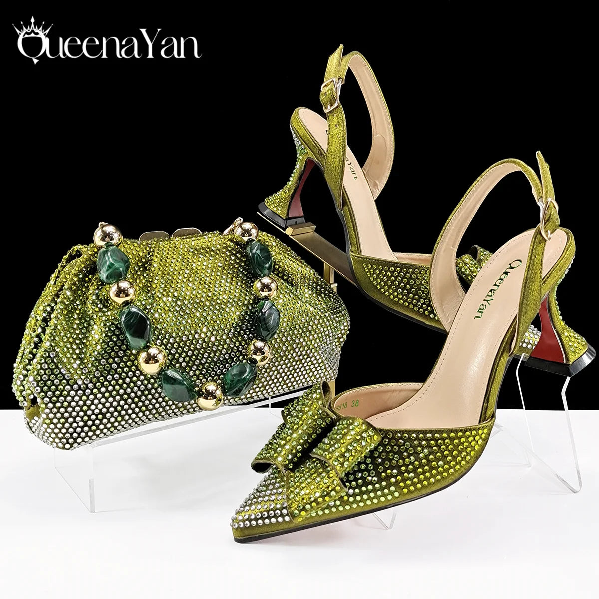 Queena Yan Newest Full of Rhinestone Design Olive Color Lady Sheos and Metal Bead-Embellished Handbag Set for Parrt Wedding Pi-Mart