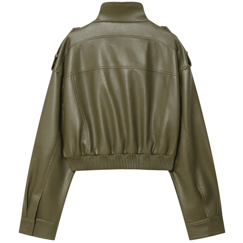 Women's Jacket Faux Leather Jacket Green Women's Demi-Season Jacket Outerwears Women's Autumn New In Coat Windbreaker Streetwear LadyShow.Store