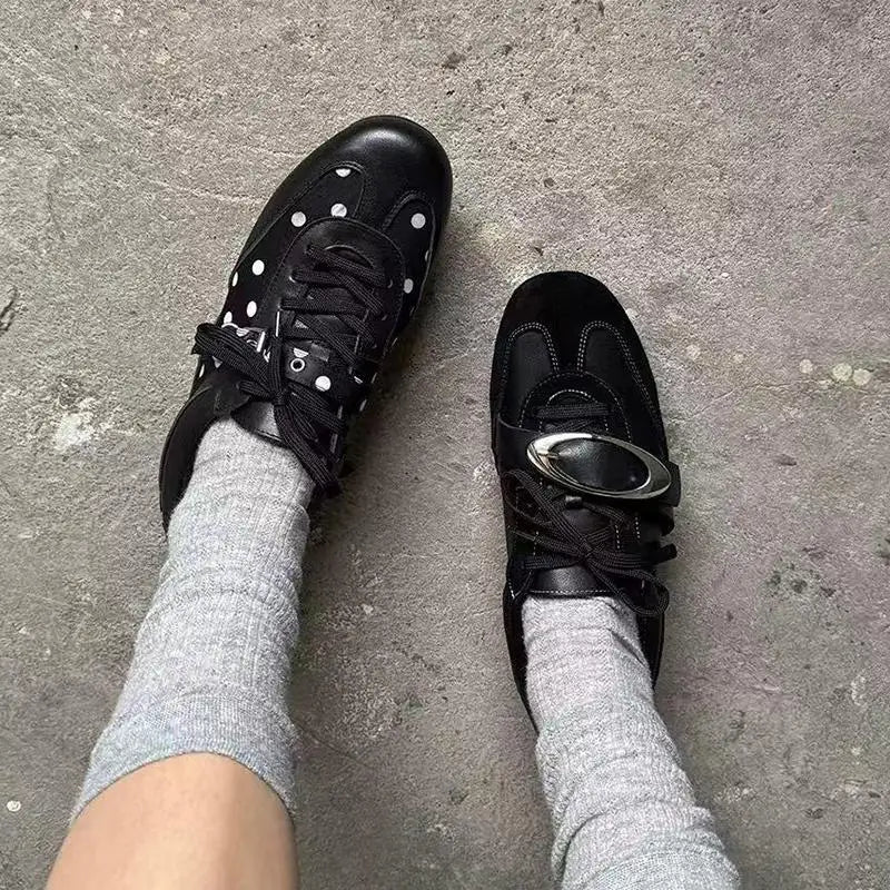Korean Style Black Polka Dot Sneakers Women Spring 2026 Luxury Metal Decoration Designer Vulcanize Shoes Woman's Sports Shoes Pi-Mart
