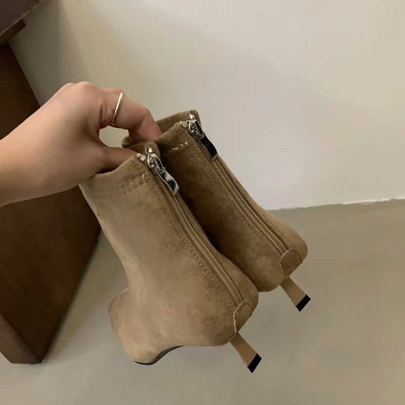 SUOJIALUN 2024 Winter New Brand Women Short Boots Fashion Pointed Toe Ladies Elegant Ankle Boots Thin High Heel Dress Pumps Shoe Pi-Mart