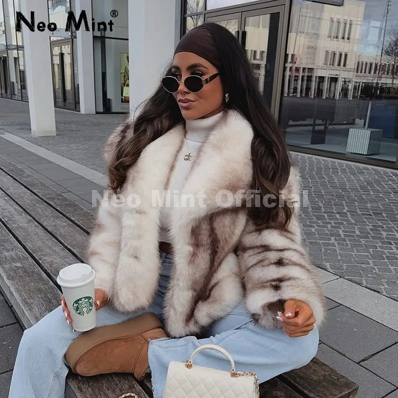 Neo Mint 2025 Winter Exclusive Striped Faux Fur Jacket Women Overcoat Brand Blogger Fashion Fluffy Fox Fur Collar Coat Outerwear LadyShow.Store