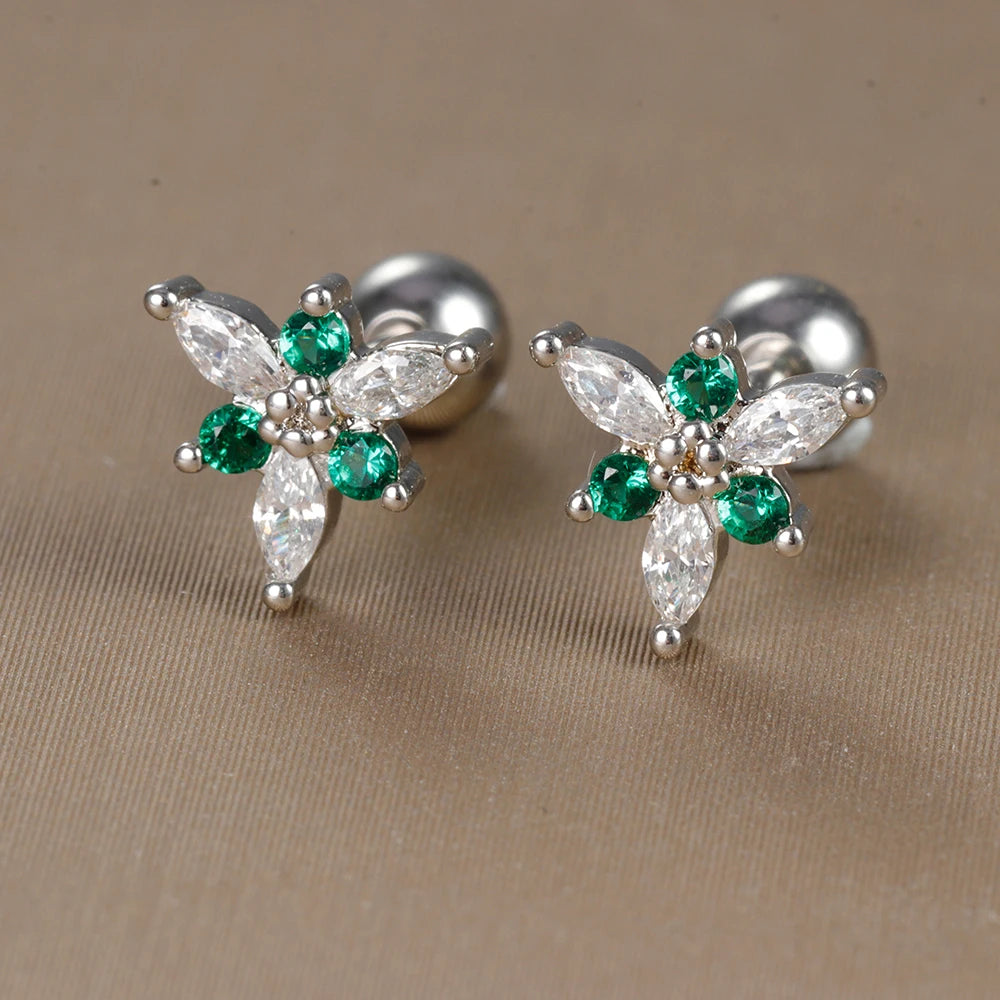 2PC Stainless Steel Little Stud Earring for Women Tiny Green Crystal Zirconia Cartilage Helix Tragus Piercing Earrings Jewelry Pi-Mart