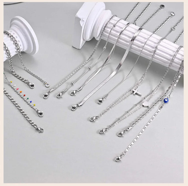 Silver Color Anklet Bracelets for Women Waterproof, Stainless Steel Layered Cuban Chain Herringbone Anklets Summer Beach Gift Pi-Mart