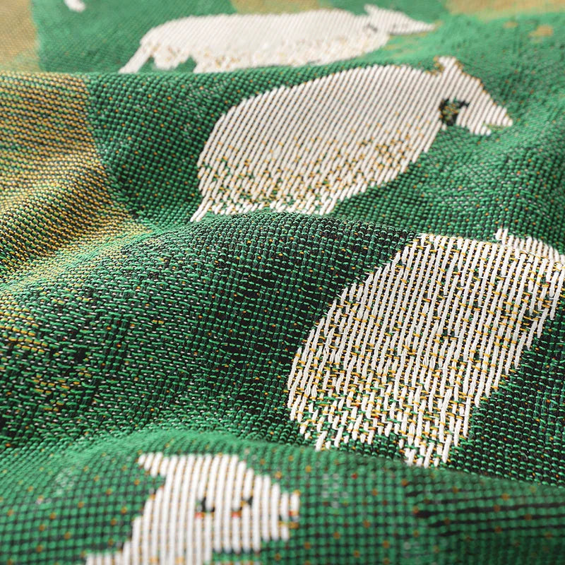 Textile City Sheep Herd Green Meadow Jacquard Woven Throw Blanket Whimsical Countryside Farm Animal Fringed Decor Sofa Blanket Pi-Mart