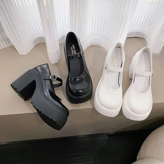 Ladies Spring Autumn New Leather Shoes Fashion versatile hotgirl single footwear Vintage Mary Jane pumps Casual women high heels LadyShow.Store