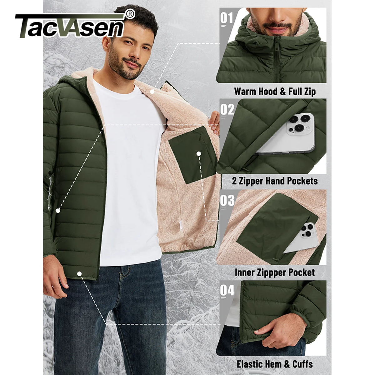 TACVASEN Men's Puffer Jacket Winter Warm Hooded Sherpa Lined Water Resistant Windproof Insulated Jacket Warm Winter Puffy Coat Pi-Mart
