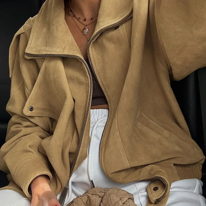 Khaki Lapel Short Suede Jacket Women Casual Stand Collar Full Sleeve Zipper Pocket Loose Jackets 2026 Lady Commute Street Coats LadyShow.Store