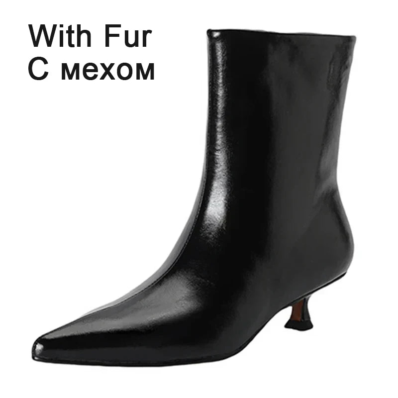 JOZHAMTA Size 34-43 Women Real Leather Ankle Boots Fashion Mid Heels Shoes For Winter Boots Pointy Office Lady Daily Dress Shoes Pi-Mart