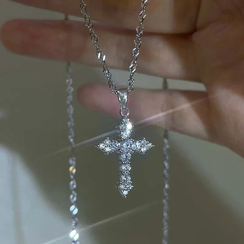 Shiny Crystal Zircon Cross Pendant Necklace for Women Girls Punk Silver Color Thin Chain Necklace Party Jewelry Birthday Gift Pi-Mart
