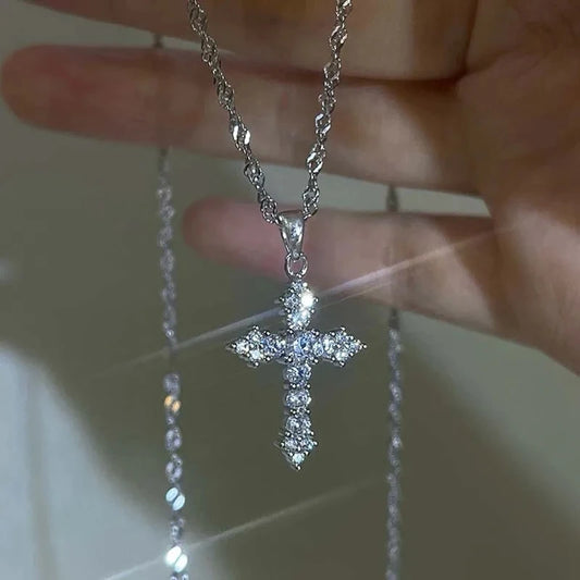Shiny Crystal Zircon Cross Pendant Necklace for Women Girls Punk Silver Color Thin Chain Necklace Party Jewelry Birthday Gift Pi-Mart