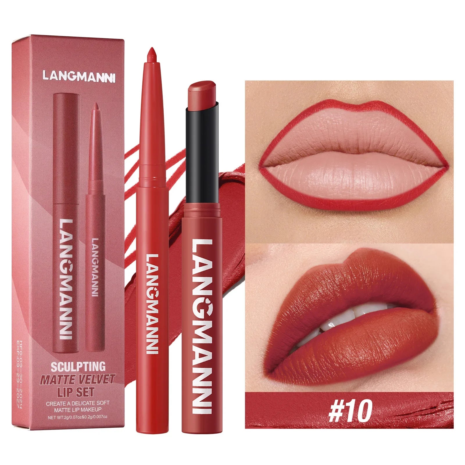 2Pcs/set Matte Soft Mist Slanted Mouth Lipstick + Lip Liner Set Combo Light Matte and Non-Drying Waterproof Non-Stick Lip Set LadyShow.Store