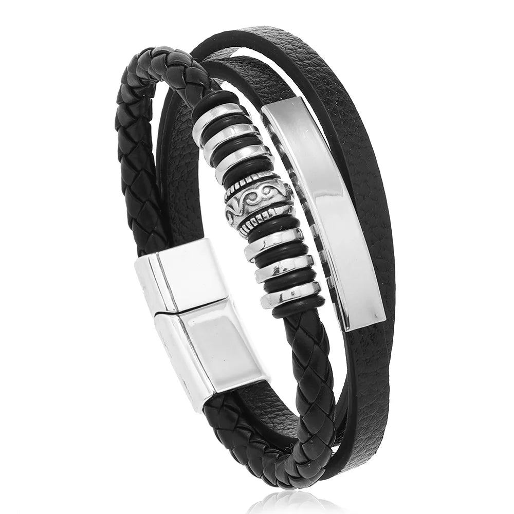 Trendy Leather Bracelets For Men Stainless Steel Bracelet 21CM Multilayer Braided Rope Bracelets for Male Jewelry Gifts Pi-Mart