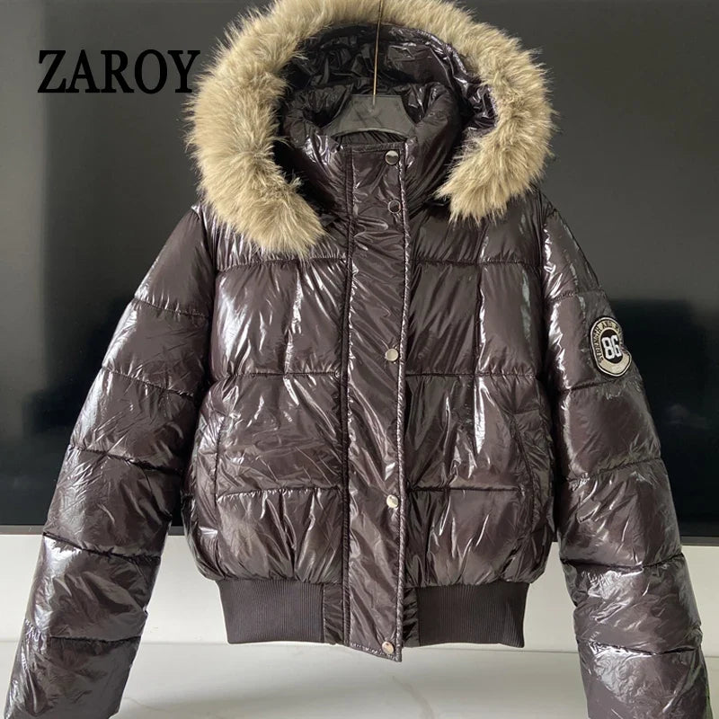 Russian Winter Warm Faux Fur Hooded Quilted Puffer Jacket Women Y2K Retro Padded Short Coat Casual Parka Glossy Outerwear куртка LadyShow.Store