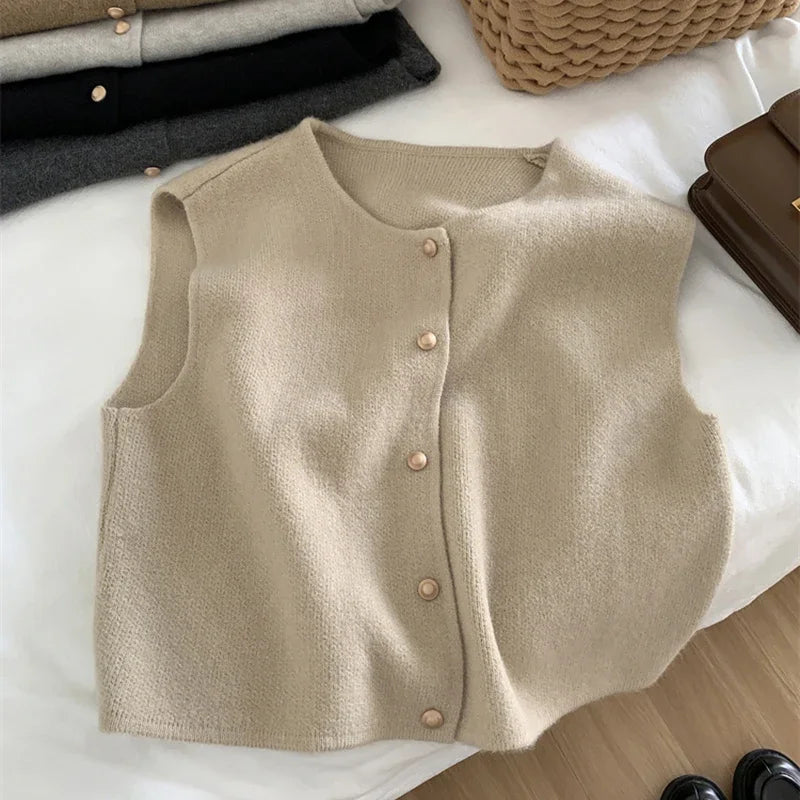 Women Sweater Vest Gold Button Up Waistcoat Soft Knitted Sleeveless Cardigan Jacket Top Fall Winter Korean Ladies Chic Outfit LadyShow.Store